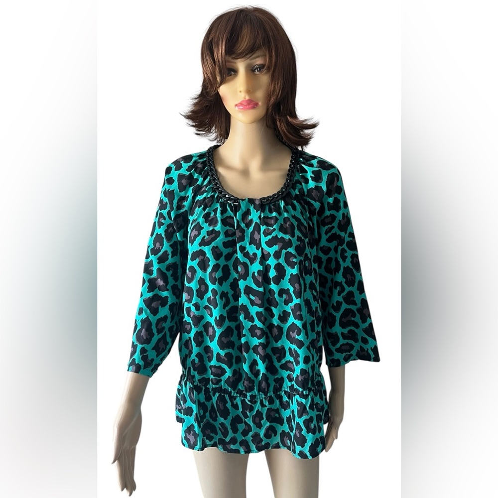 Turquoise and Black Leopard Print Blouse - Picture 6 of 14